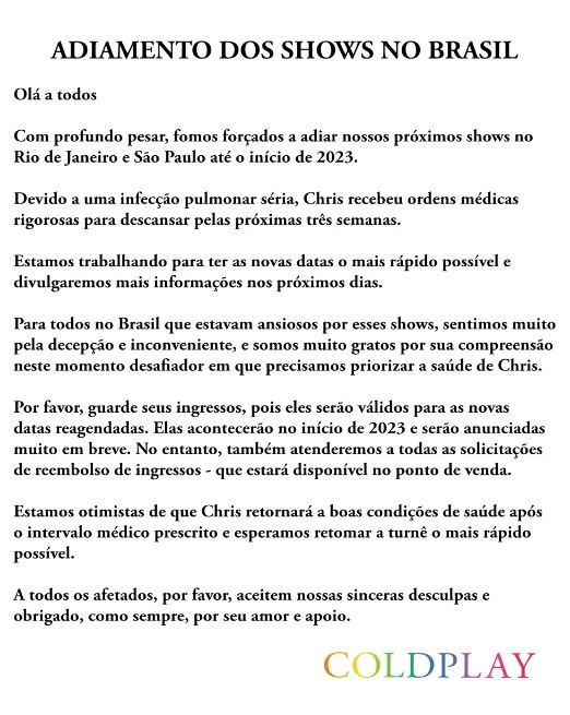 Pronunciamento do Coldplay sobre adiamento de shows no brasil